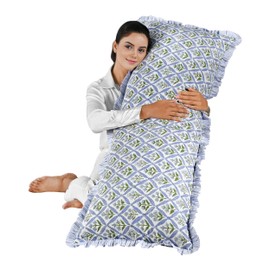 Ridhi Light Steel Blue 100% Cotton Block Print Ruffle Sham Cover Handmade Boho Floral Pillowcase, Farmhouse Cottagecore Bedding, Soft Decorative Cushion Cover for Bedroom Décor 20 x 54 Inch