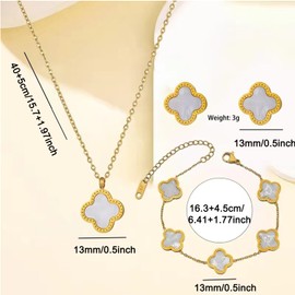 Lucky Four Leaf Clover Jewelry Set, Titanium Steel Necklace Pendant Earrings Bracelet for Women, Enamel Flower Gold Plated Station Chain Wrap Layer Clover Jewelry Girls Gift