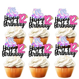 18 Pieces Pink Glitter Roller Skates Happy Birthday Dessert Cupcake Topper 80s 90s Retro Hip Hop Roller Skating Theme Decor Accessories Boys Girls 12th Happy Birthday Party Decorations