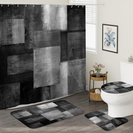 4Pcs Abstract Black Grey Shower Curtain Set, Beige Brown Grey Modern Bathroom Shower Curtain with Rugs and Accessories, with Non-Slip Rugs, Toilet Lid Cover and Bath Mat for Bathroom Decor Set