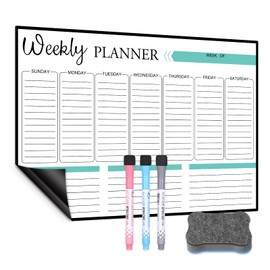 Magnetic Dry Erase Weekly Calendar Whiteboard for Fridge, 12"×17‘’ Grocery to Do List Organizer, Family Planner White Board with 3 Markers and 1 Eraser for Kitchen Refrigerator