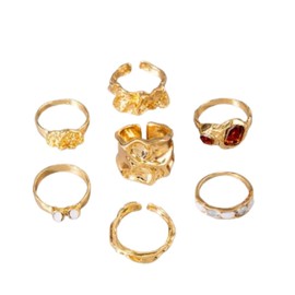 Yecomsy Chunky Stackable Rings Set Vintage Flower Pearl Ring Dainty Knuckle Rings Jewelry Gift-B/Gold