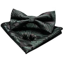 Jemygins Paisley Bow Tie, Men’s Pocket Handkerchief and Cufflinks Set - dark green/black, size: m
