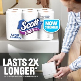 Scott 1000 Papel higiénico por rollo, 18 rollos, seguro para fosa séptica, papel higiénico de 1 capa