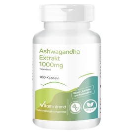 Vitamintrend Ashwagandha Extrakt 1000mg Tagesbedarf, 180 Kapseln, 1000mg pro Tag, hochdosiert, vegan ohne Magnesiumstearat, in Deutschland hergestellt