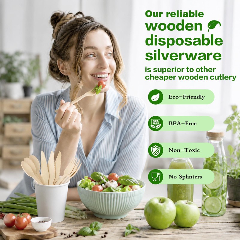 Mwellewm 100% Compostable Cutlery Set Wooden Utensils Disposable Silverware