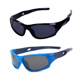 2 Pack Kids Sunglasses with Glasses Strap Polarised Sports Glasses for Boys and Girls Age 3-12 with Sunglasses Bag, Black + Blue
