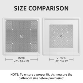 Yolife Square Shower Mat, 27" x 27" Large Shower Mat with Center Drain Hole, Soft TPE Non Slip Shower Mats for Inside Shower with Suction Cups, Anti Slip Washable Shower Floor Mat, Dark Grey
