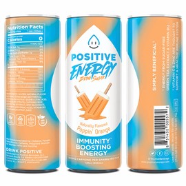 Positive Energy Beverage Poppin' Orange | 12-oz Can, Pack of 12 | Zero Sugar Energy Drink, Supports Immunity and Hydration
