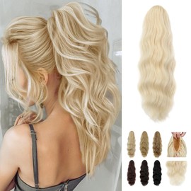 Wodelanle Ponytail Extension, 20 Inch Drawstring Ponytail Extension Long Blonde Wavy Pony Tails Hair Extensions Synthetic Clip in Fake Ponytail Hairpiece for Women(Bleach Blonde)