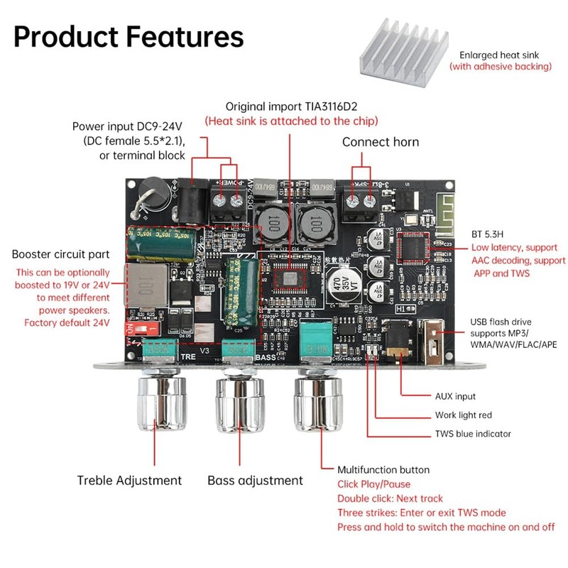Peakloong -1001U DC 9-24V Audio Power Amplifier Module BT 100W