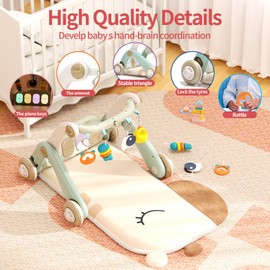 Jovow 2 in 1 Baby Gym with Walker,Baby Play Mat with 4 Infant Learning Sensory,Double-Sided Multifunctional Removable Play Piano Panel,Sit-to-Stand Learning Walker for 0-24 Months Boy Girl [White]
