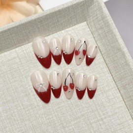 French Tip Press on Nails Almond Short Fake Nails Press ons Red Acrylic Nails Press on False Nails Artificial Nails with Designs Stick on Nails for Women 24pcs
