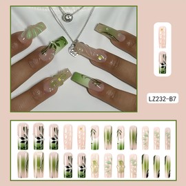 Long Press on Nails French Tip Fake Nails 3D Flower False Nails with Pearl Nail Charms Designs Green Leaf Gradient Acrylic Nails Full Cover Glue on Nails Reusable Luxury Nail Art Supplies for Women