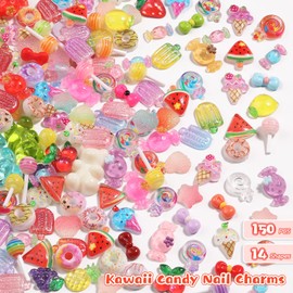 Kikonoke 150PCS Candy Nail Charms for Acrylic Nails, Cute 3D Lollipop Donuts Fruit Nail Art Charms Star Heart Bear Gummy Jewelry Nail Supplies with Tweezers for DIY Crafts Accessories