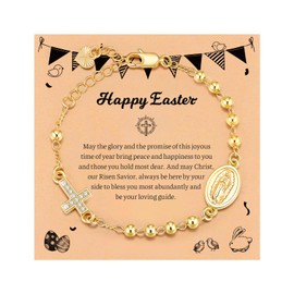 Gold Rosary Bracelet for Girls - 14K Gold Plated Virgin Mary Cross Bracelets,Golden Religious Virgen de Guadalupe Rosary Beads Link Jewelry,Easter Confirmation First Communion Gift for Teen Women