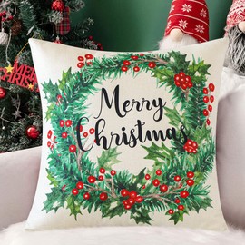 JOTOM Christmas Decorative Cushion Covers 45x45cm Merry Christmas Wreath Berry Throw Pillow Cover Cushion Case Square Pillowcases Gifts for Couch Sofa Bedroom Farmhouse Xmas Home Chair Decor (Wreath)