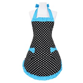 Violet Mist Lovely Retro Cute Aprons for Women with Pocket Blue Polka Dot Vintage Aprons for Girls Ruffle Frilly Apron Ladies Christmas Apron Kawaii Cotton 50s Maid Kitchen Aprons for Cooking Baking