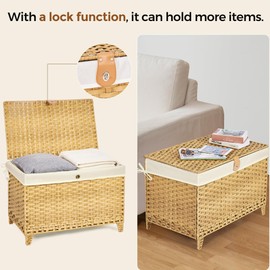 Honjourai Wicker Storage Basket with Lid,Rattan Shelf Basket with Removable Liner Bag,160L Storage Bin,Storage Trunk with Heightened Feet,Storage Container for Wardrobe,Home Organizer
