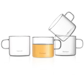 Dorsaer 5oz Modern Glass Coffee & Tea Cups Set of 4 - Clear Espresso Cups with Handle, 150ml Nespresso Compatible, Perfect for Tea Lovers, Small Glass Mugs for Espresso, Milk, Juice
