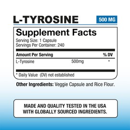 Puregen Labs L-Tyrosine 500 mg, 240 Vegetable Capsules | No Harmful Additives | Brain & Nervous System Support, Non-GMO, Vegan, Gluten Free, Dairy Free - 240 Servings - Made in USA