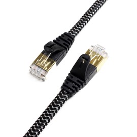 Tera Grand - 12FT - CAT7 10 Gigabit Ethernet Ultra Flat Patch Cable for Modem Router LAN Network - Braided Jacket, Gold Plated Shielded RJ45 Connectors, Faster Than CAT6a CAT6 CAT5e, Black & White