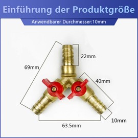 Pack of 2 3-Way Hose Connectors with Shut-off Valves 10 mm Brass Y Shaped Hose Connection Ball Valve 2 Switches with 6 Clamps Junction Valve Connector for Carpenter's Fittings Air Water Gas