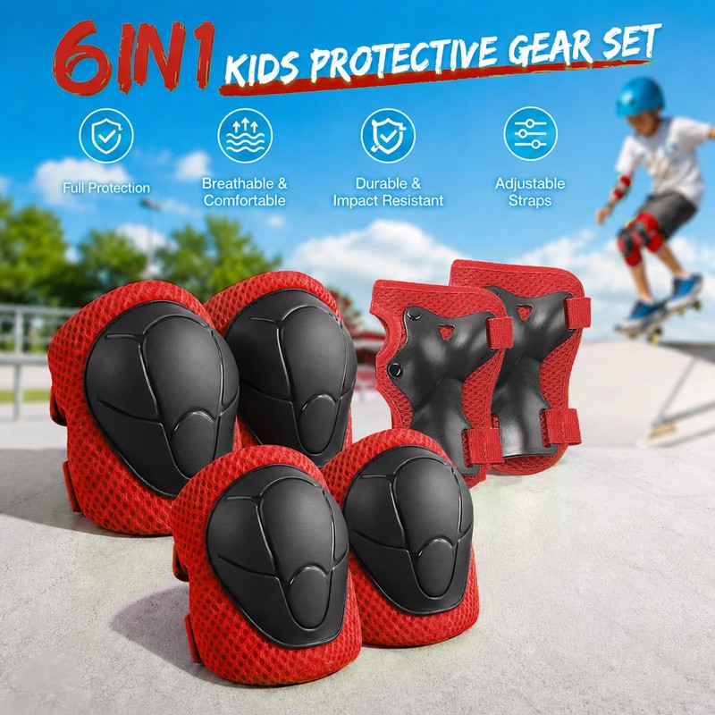 Lafefe 6PCS Red Kids Protective Gear Set Knee Elbow Wrist