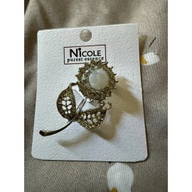 Nicole Rose Petal W/White Rhinestones Silver Plated Brooch
