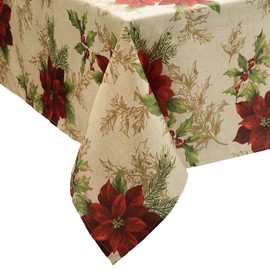 Elrene Home Fashions Festive Poinsettia Holiday Wrinkle Resistant Fabric Tablecloth, Multi, 52" x70 Rectangle