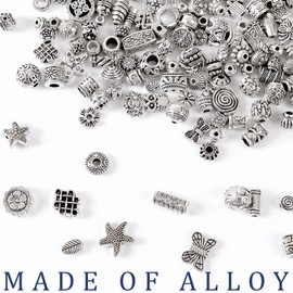 UPINS 300Pcs Silver Spacer Beads for Jewelry Bracelet Necklace Making Crafts Silver Beads Metal Alloy Beads Loose Spacer Beads with Radom Styles for DIY