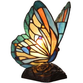 Bieye L10896 Tiffany-Style Stained Glass Butterfly Accent Table Lamp - 9-Inch Tall - Yellow, Blue, and Orange Wings