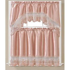 PREMIUS REMI 3-Piece Sequins Embroidery Kitchen Curtain Set with Swag Valance Eye-Catching Makeover Elegant & Sophisticated Airy Silky & Traditional Backdrop Nicely Blend Blush, 30x36 Inches