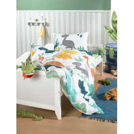 Children's Baby Bedding Set for Girls and Boys 100 x 135 cm + 40 x 60 cm 100% Renforcé Cotton Zip Dino World Dinosaur Colourful