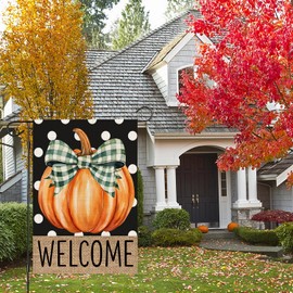 OQUAYA Fall Welcome Garden Flag 12x18 Inch, Pumpkin Double Sided Small Decorative Flag for Outside Yard Lawn Outdoor Decoration (White Polka Dot-NO.9)