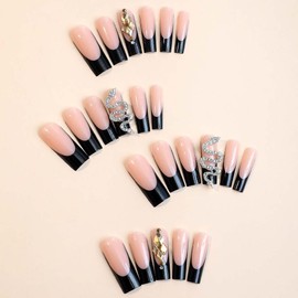ANDGING French Tip Press on Nails Long Coffin Black Fake Nails with Glitter Gold Snake Rhinestone Design Glue on Nails for Women Acrylic False Nails Stick on Nails Manicure Nail for Wedding