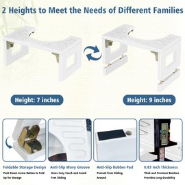Bamboo Toilet Stool Squat 7in & 9in Adjustable Heights, Foldable Poop Stool for Bathroom Adults Kids, Potty Stool with Non-Slip Layer to Improve Bathroom Posture and Comfort, 400 lbs Capacity