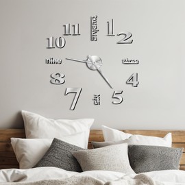 SITAKE DIY Modern Wall Clock, 3D Frameless Wall Clock, Large Mirror Sticker Wall Decor for Living Room, Dining Room, Bedroom (Silver)