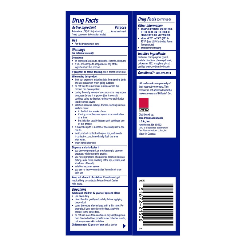 Taro Adapalene 0.1% Acne Treatment Gel - Paraben Free (1.6oz)