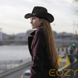 EOZY Black Cowboy Hat Women Mens Classic Roll Up Brim Western Hat Ladies Fedora Cowgirl Hats with Buckle Belt