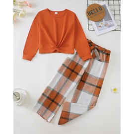 XUANHAO Kids Clothes Girls Winter Fall Girls Clothes Size 10 12 Fashion Long Sleeve Twist Front Pullover Tops Orange Plaid Pants 2 Piece Sweatsuits Set School Outfits for Girl 11-12