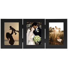 Golden State Art, Decorative Hinged Table Desk Top Picture Photo Frame, 3 Vertical Openings, 4x6 inches with Real Glass (4x6 Triple, Black)