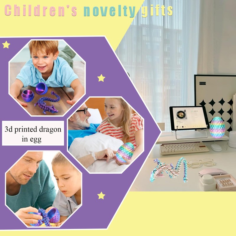 2 Pcs 3D Printed Dragon in Egg Articulated, Removable 3D