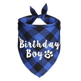 JOTFA Dog Birthday Bandana, Plaid Dog Birthday Bandanas for Dog Birthday Party Supplies (Blue)