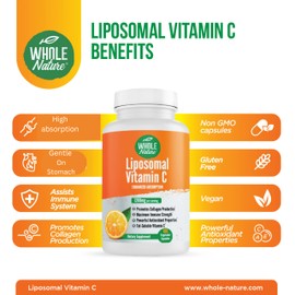 Whole Nature Liposomal Vitamin C Supplement Pills 1200 mg - High Absorption 180 Vegan Capsules Fat Soluble Vit C, Maximum Strength Immune System and Collagen Booster, Sunflower Lecithin , lypo spheric