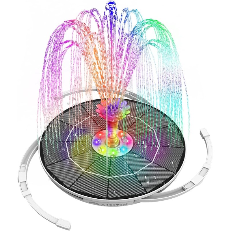 AISITIN 6.5W Solar Fountain Pump with Colorful LED Lights 3000mAh