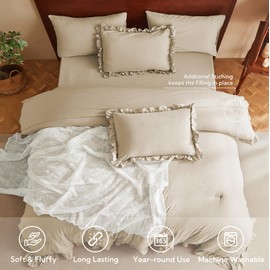 MR&HM Ruffle Comforter Set, Queen Bedding Set 7 Pieces Linen, Farmhouse Shabby Chic Bed Comforter Set, Boho Bed in a Bag with 1 Comforter, 1 Flat Sheet, 1 Fitted Sheet, 2 Pillowcases & 2 Pillow Shams