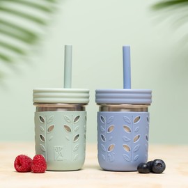 Elk and Friends Elk and Friends Stainless Steel Cups | 10 oz Mason Jar design | Kids & Toddler Cups with Silicone Sleeves & Straws with Stopper | Smoothie Cups