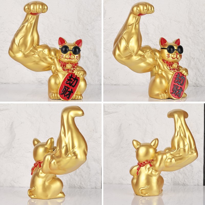 Fortune Large Lucky Cat Statue, Gold Money Cat, Waving Arm