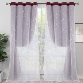 BGment Burgundy Red Blackout Curtains with Sheer Overlay, Grommet Room Darkening Thermal Insulated Tulle Double Layer Silver Printed Window Curtains for Bedroom/Living Room, 2 Panels Each 52 x 84 Inch